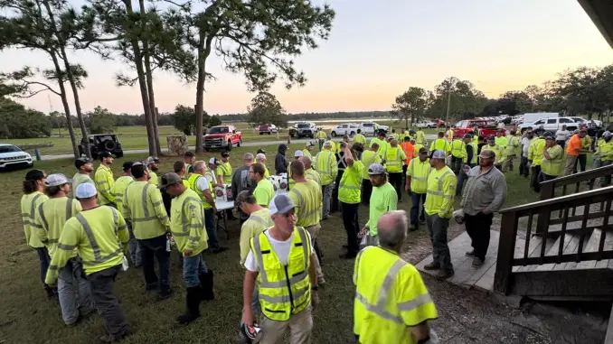 Line crews gather at Sand Hill Scout Reservation as they prepare to restore power in Florida. Photo courtesy of Ashley Wilson, Withlacoochee River Electric Cooperative